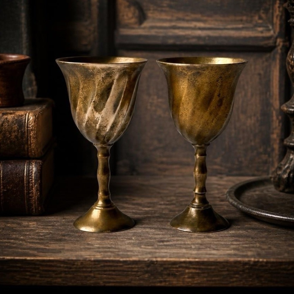 Vintage India Brass Mini Goblets Set of 2 Gold Twisted Swirl Chalice Decor Small
